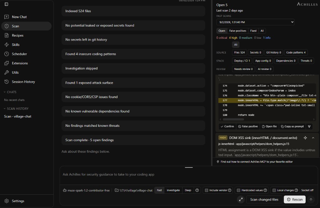 Achilles — scan complete with 5 open findings and DOM XSS detail